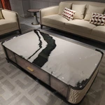 Rectangular Coffee Table with Marble-Effect Top and Natural Wood Veneer Detailing